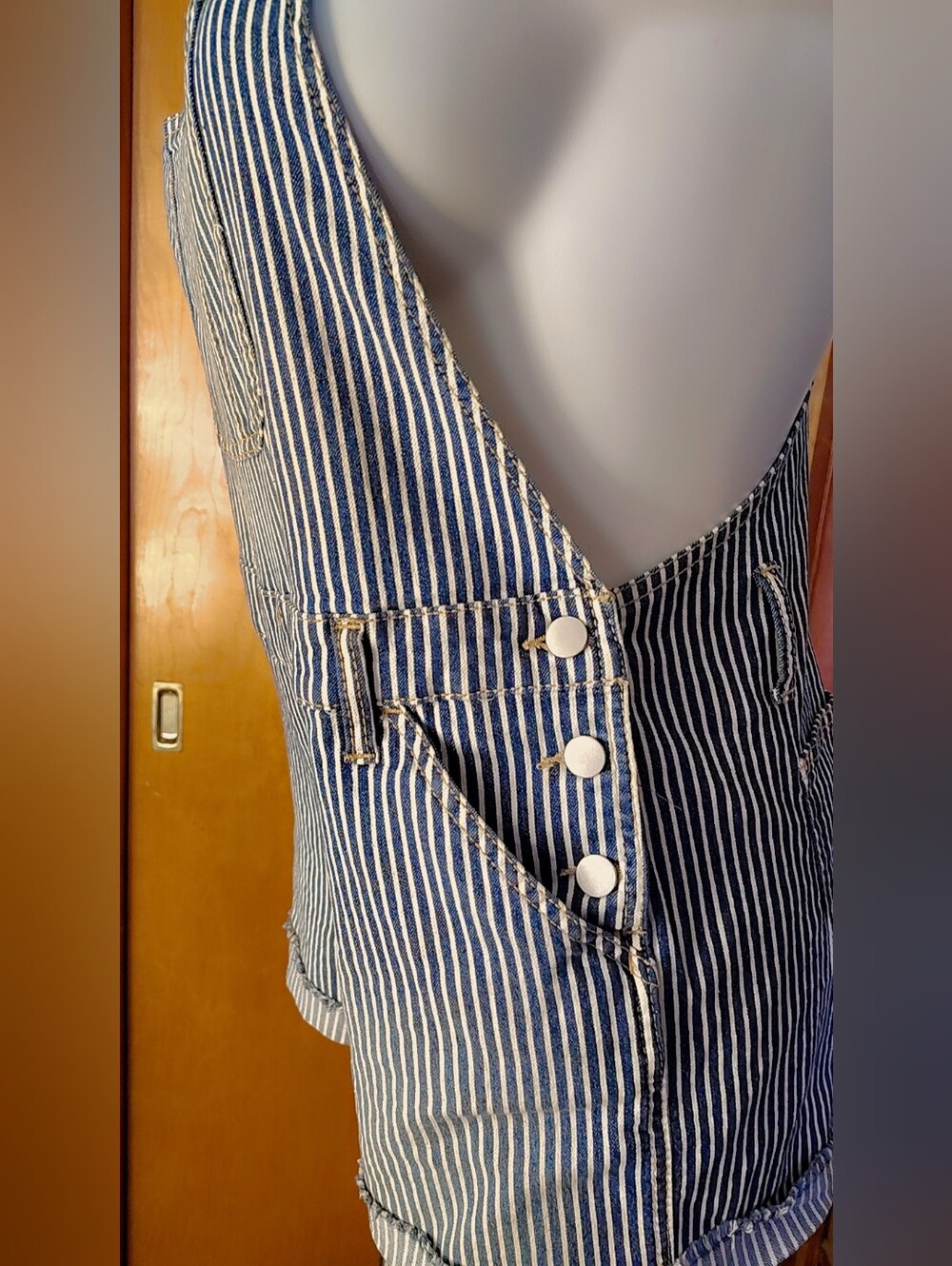 NWT No Boundaries 2X Plus Blue & White Stripe Short Overalls Pockets Stretch - Picture 4 of 10